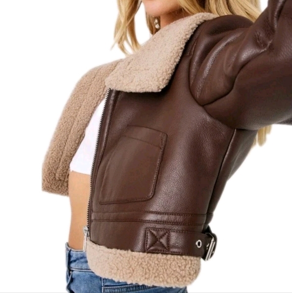 Garage Cropped Aviator Jacket Sherpa Lined Coat Brown Faux Leather Women's Sz M - Picture 3 of 16